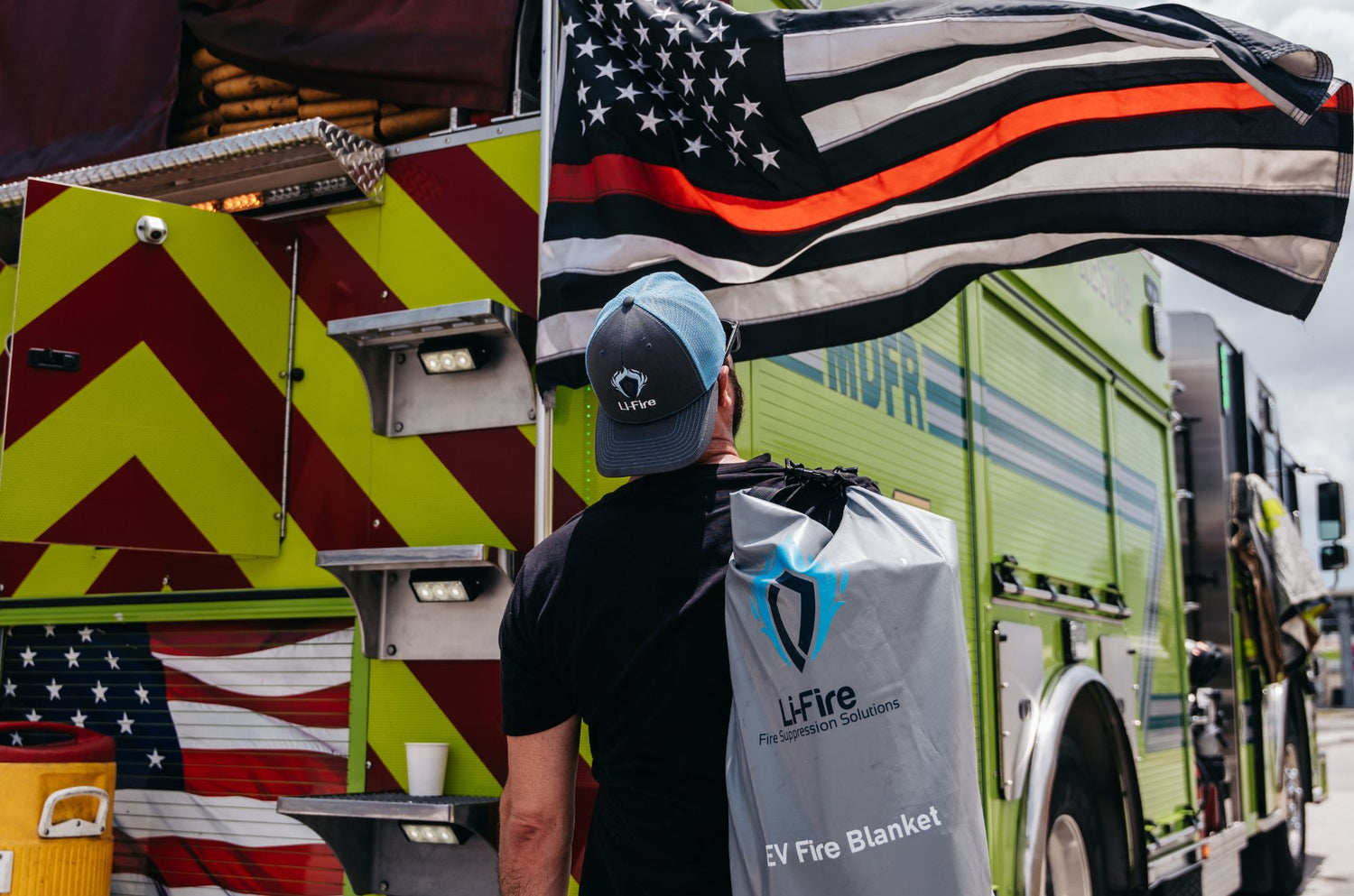 Li-Fire firefighter flag and truck